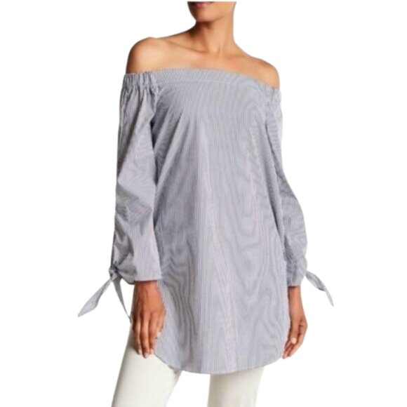 EUC Philosophy Black and White Striped Off the Shoulder Tunic - Picture 1 of 6